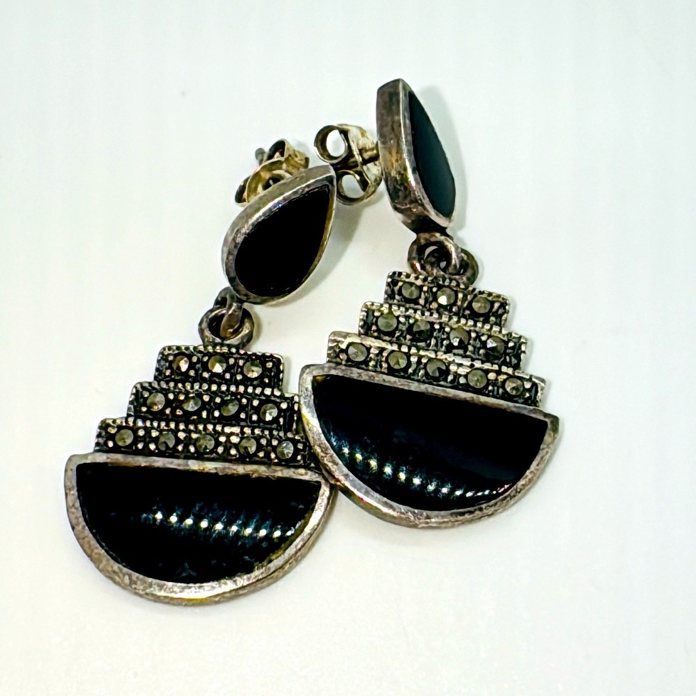 Vintage designer signed 925. Black Onyx & Marcasite pierced earrings​​